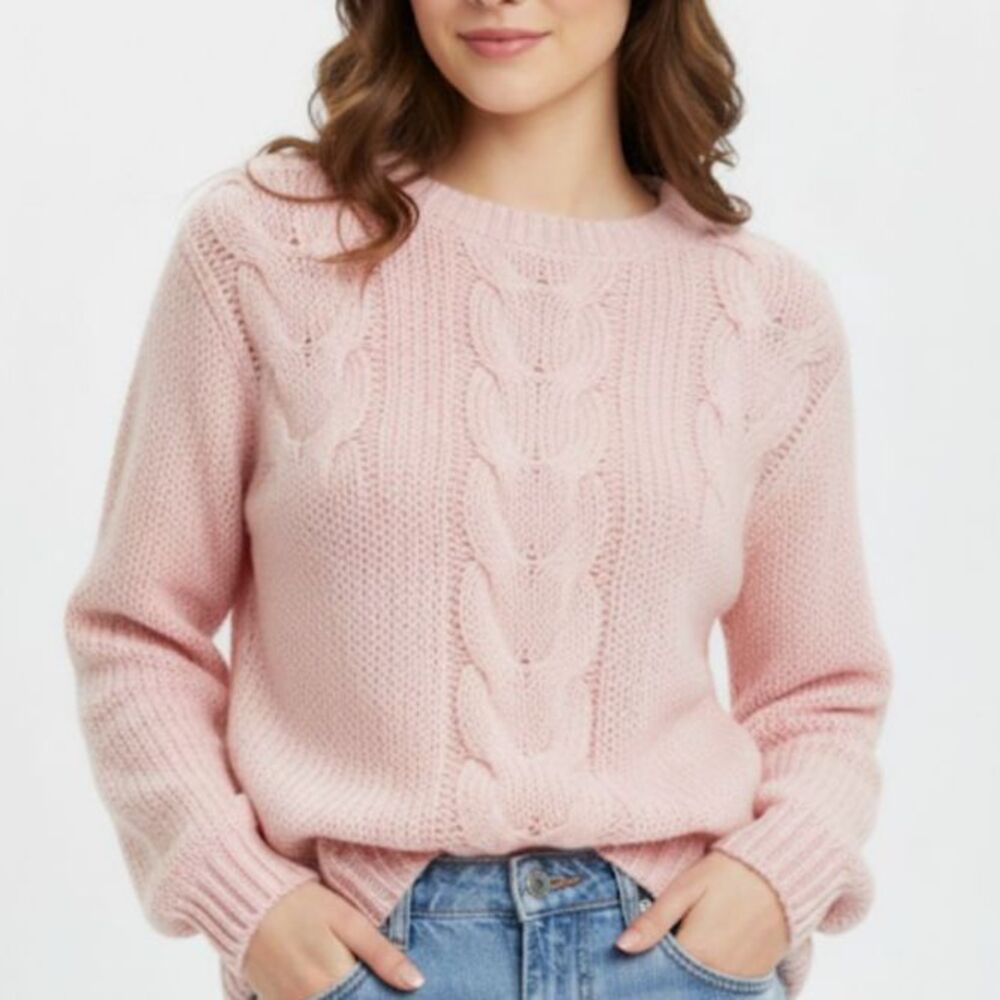 Hand Knit Light Pink Fluffy Cable Knit Chunky Vintage Crewneck LS Sweater Size M